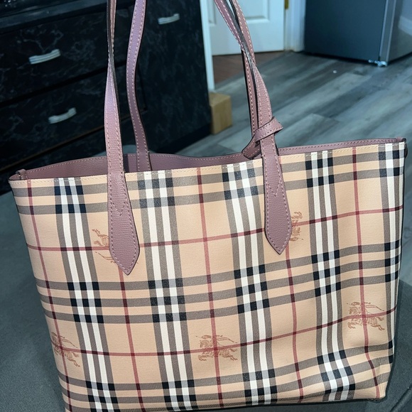 Burberry Beige and Pink Plaid Tote - Picture 1 of 8